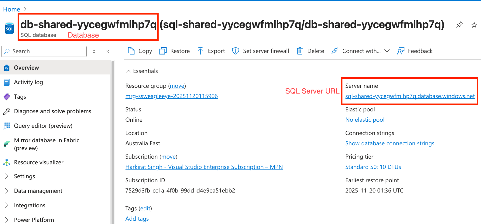 Azure Database Details