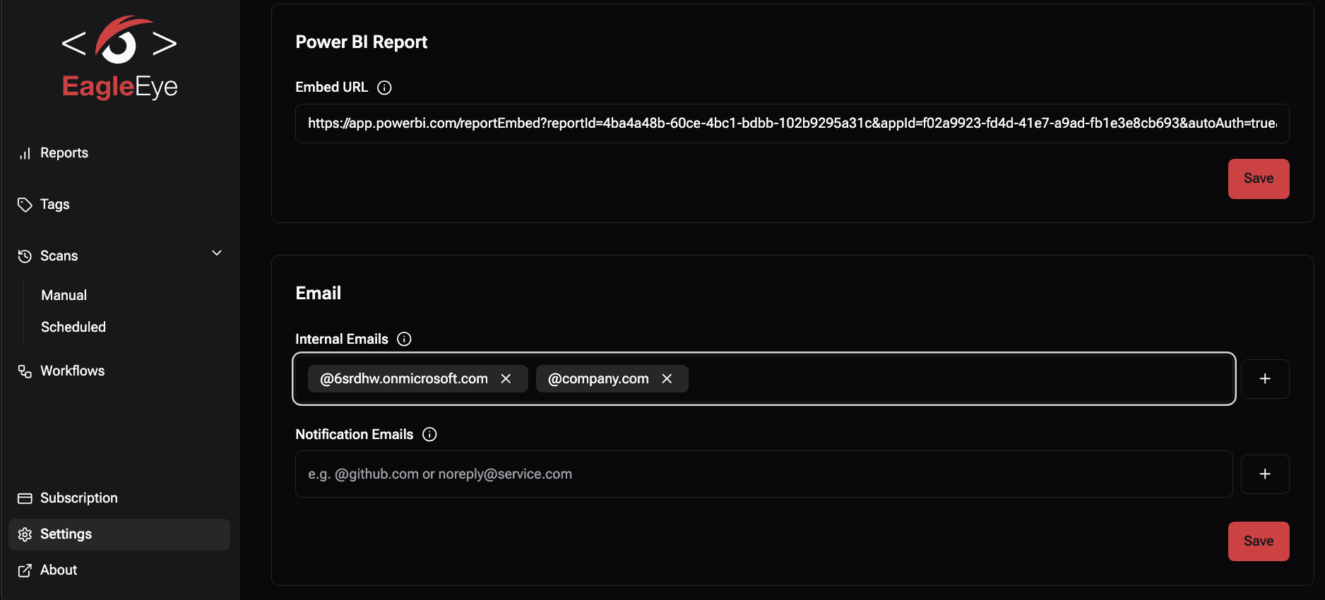 Internal Emails Settings