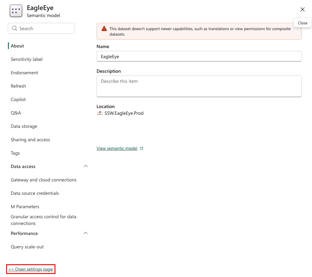 EagleEye semantic model settings pane with Open settings page highlighted