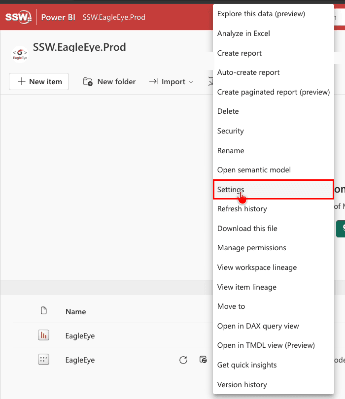 More options menu of the EagleEye semantic model with Settings highlighted