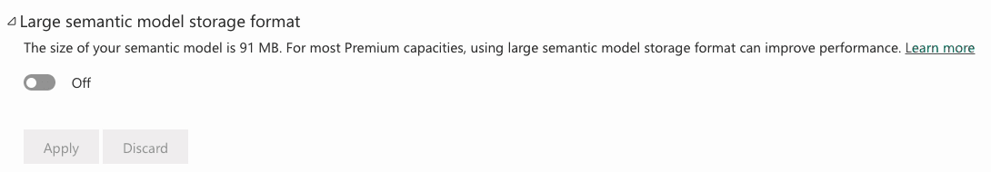 The size of your semantic model is 91 MB, with Large semantic model storage format set to Off
