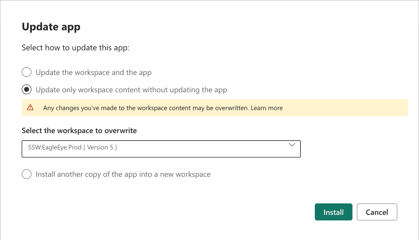 Update app dialog with Update only workspace content selected and the EagleEye workspace chosen